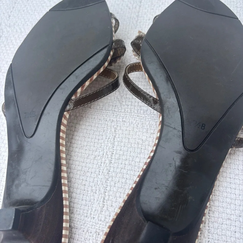 Women's 7.5 B TALBOTS Y2K Brown Gingham Bow Flat Kitten Heel Thong Slide Sandals